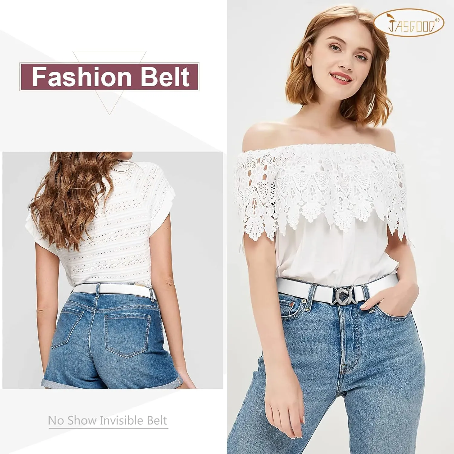 JASGOOD Women No Show Stretch Belt Adjustable Elastic Web Belt with Flat Buckle for Jeans Pants Casual Belts