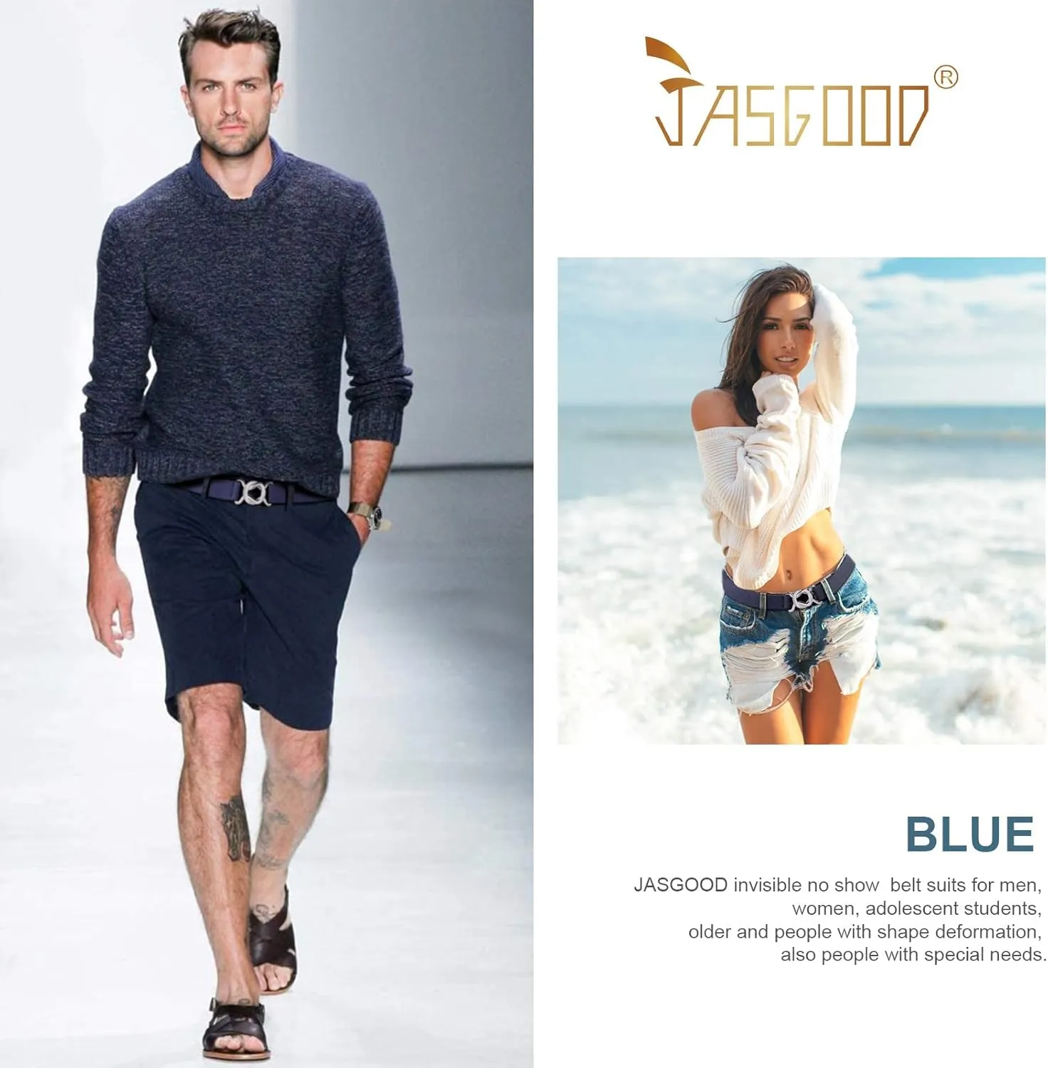 JASGOOD Women No Show Stretch Belt Adjustable Elastic Web Belt with Flat Buckle for Jeans Pants Casual Belts