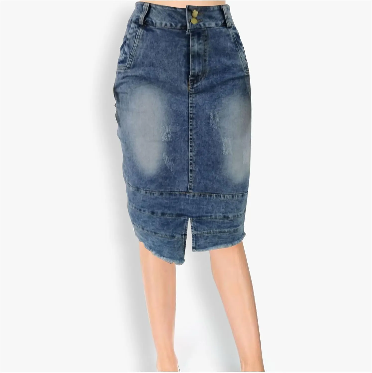 Jean Skirts for Women Patchwork High Low Slit Skirt High Waisted Button Front Denim Skirt Summer Keen Length Skirts