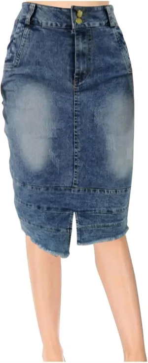 Jean Skirts for Women Patchwork High Low Slit Skirt High Waisted Button Front Denim Skirt Summer Keen Length Skirts
