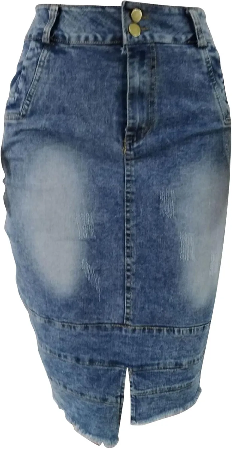 Jean Skirts for Women Patchwork High Low Slit Skirt High Waisted Button Front Denim Skirt Summer Keen Length Skirts