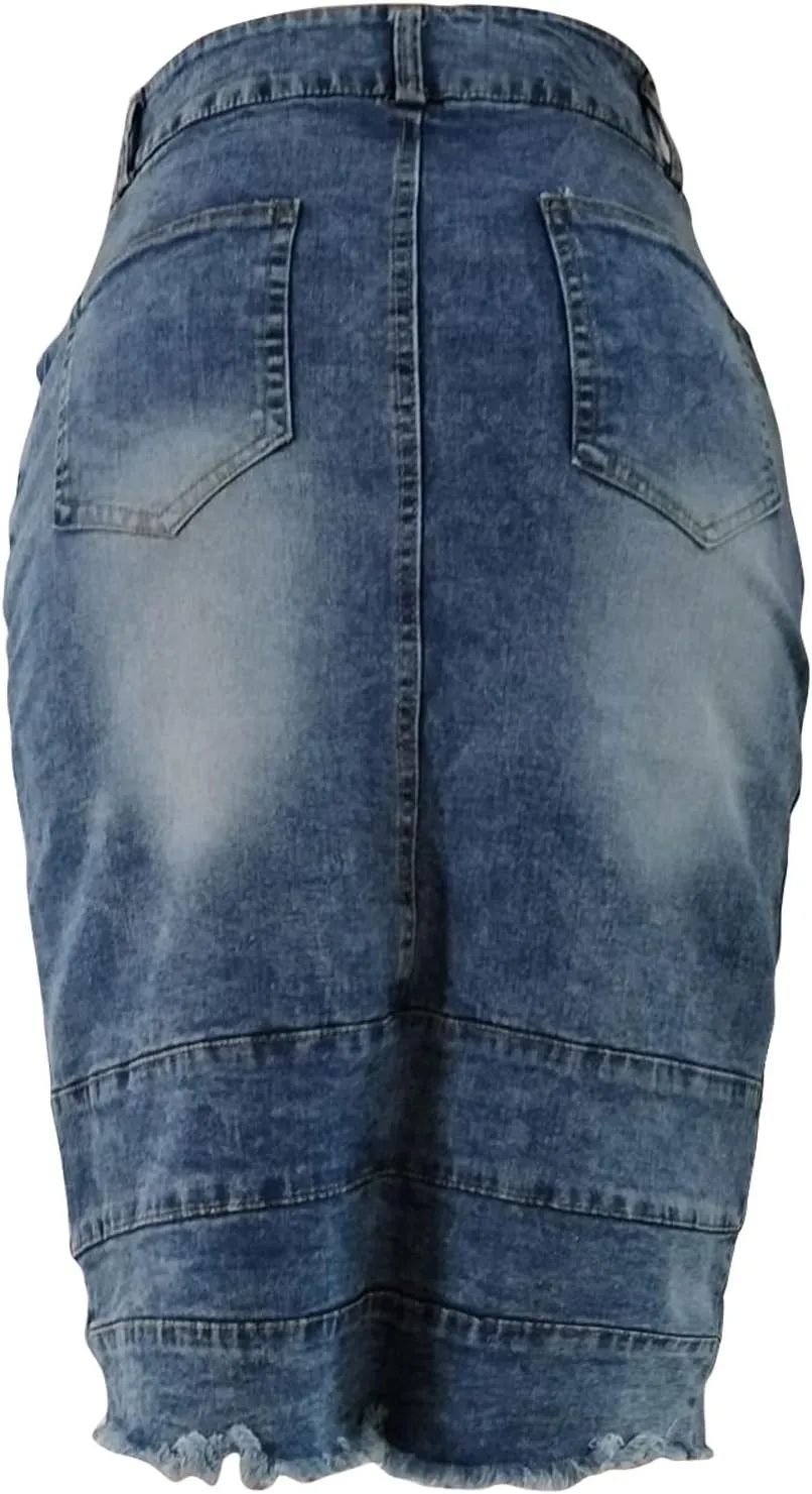 Jean Skirts for Women Patchwork High Low Slit Skirt High Waisted Button Front Denim Skirt Summer Keen Length Skirts