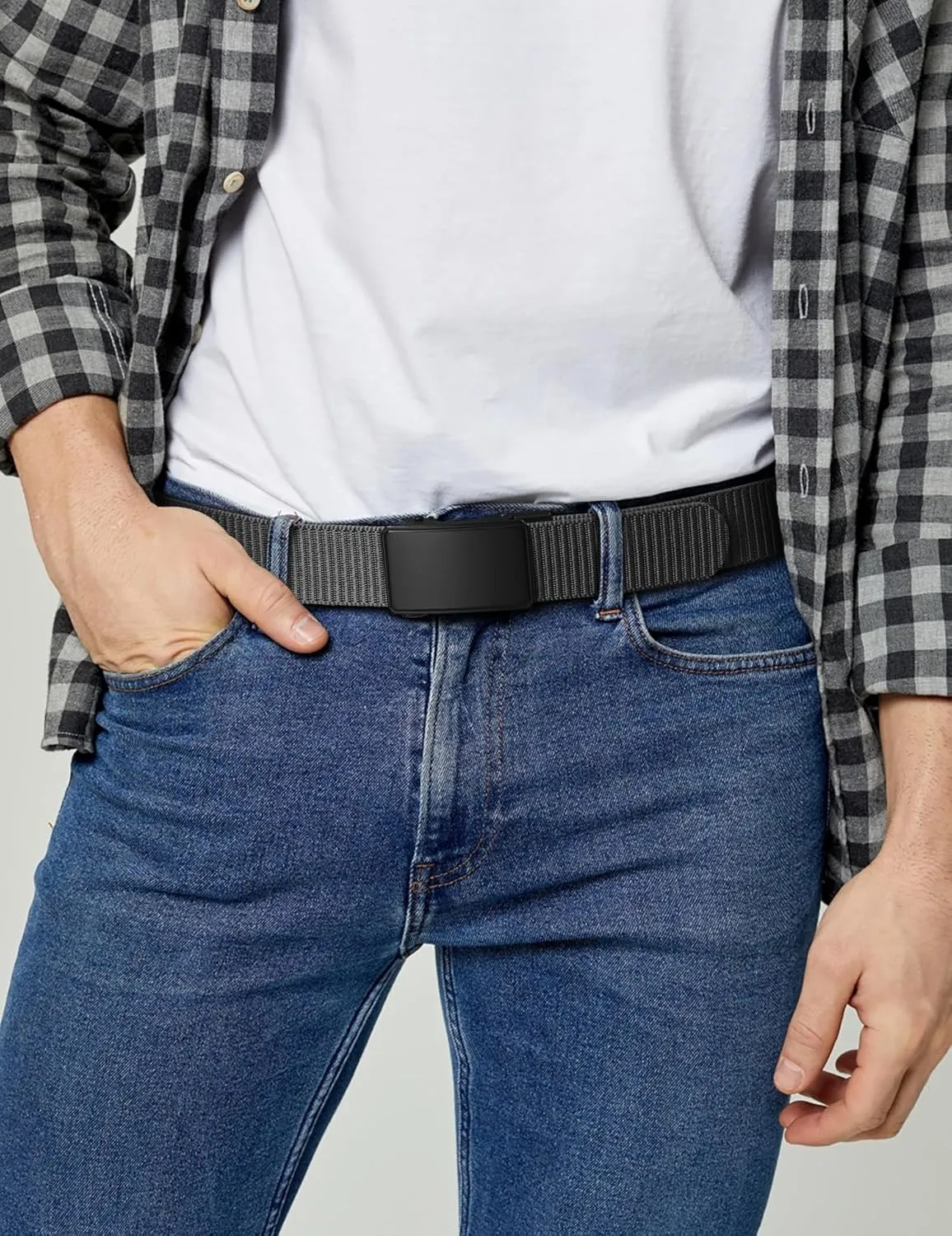 JUKMO Men's 1.5" Nylon Ratchet Belt, Casual Web Click Belt with Slide Buckle for Jeans, No Holes Adjustable Trim to Fit