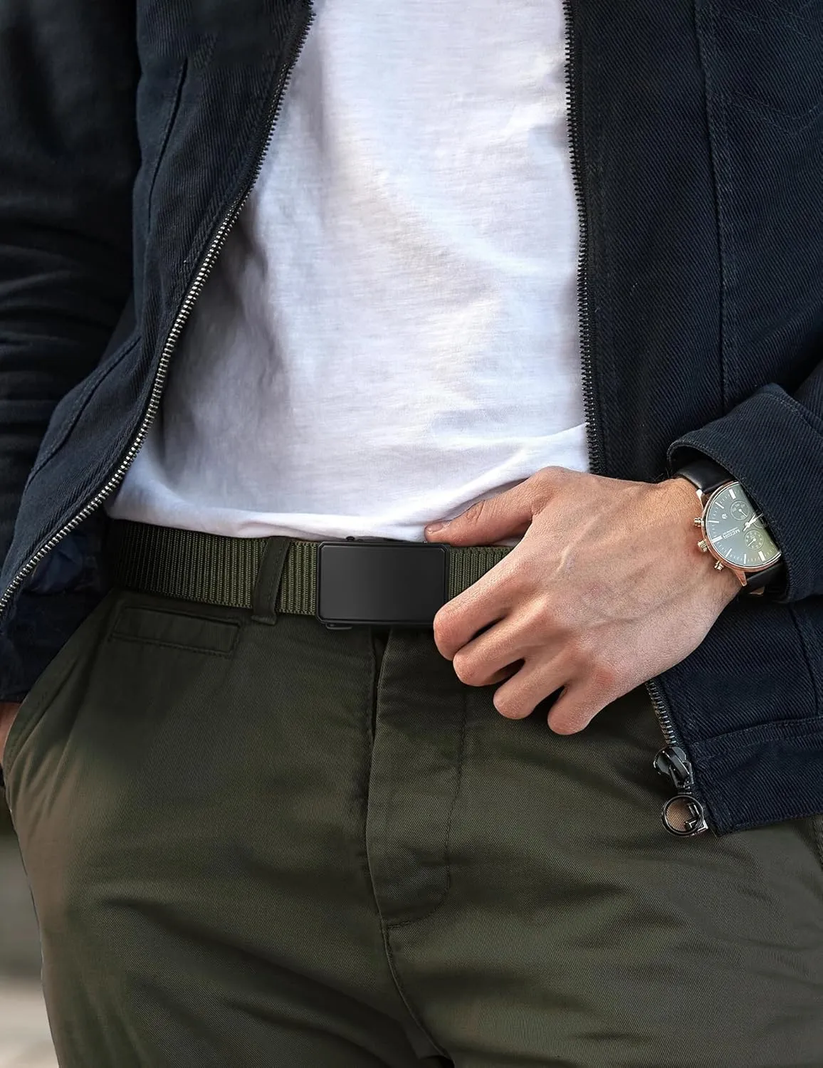 JUKMO Men's 1.5" Nylon Ratchet Belt, Casual Web Click Belt with Slide Buckle for Jeans, No Holes Adjustable Trim to Fit
