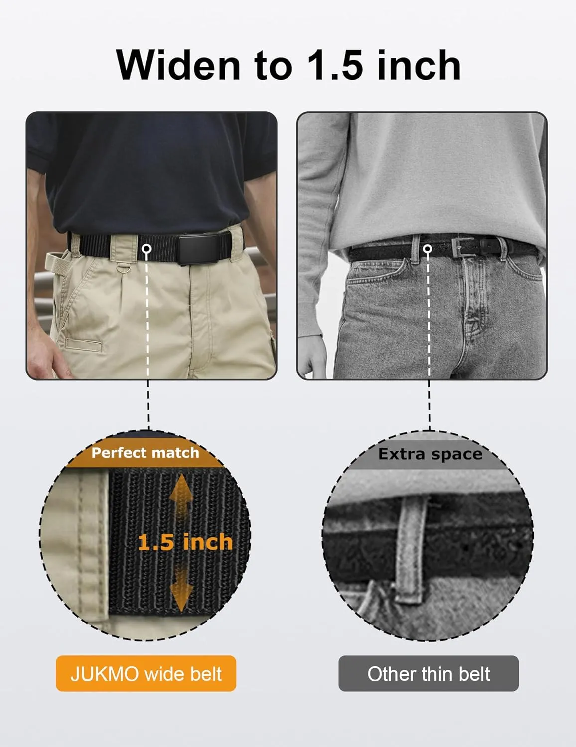 JUKMO Men's 1.5" Nylon Ratchet Belt, Casual Web Click Belt with Slide Buckle for Jeans, No Holes Adjustable Trim to Fit