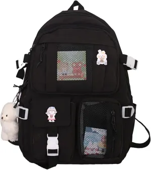 Kawaii Backpack with Pins and Pendant Accessories Cute College High School Backpack Laptop Bookbags for Teens Girls (Black)