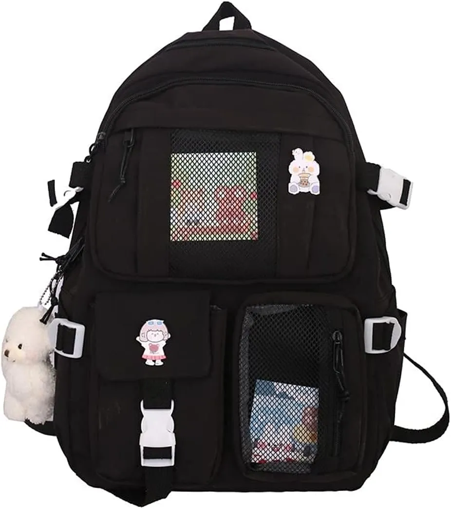 Kawaii Backpack with Pins and Pendant Accessories Cute College High School Backpack Laptop Bookbags for Teens Girls (Black)