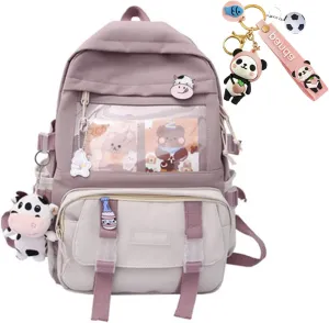 Kawaii School Backpack for Girls with Cute Pin and Accessories School Teens Bookbag Cute Backpack Middle Elementary (Purple)