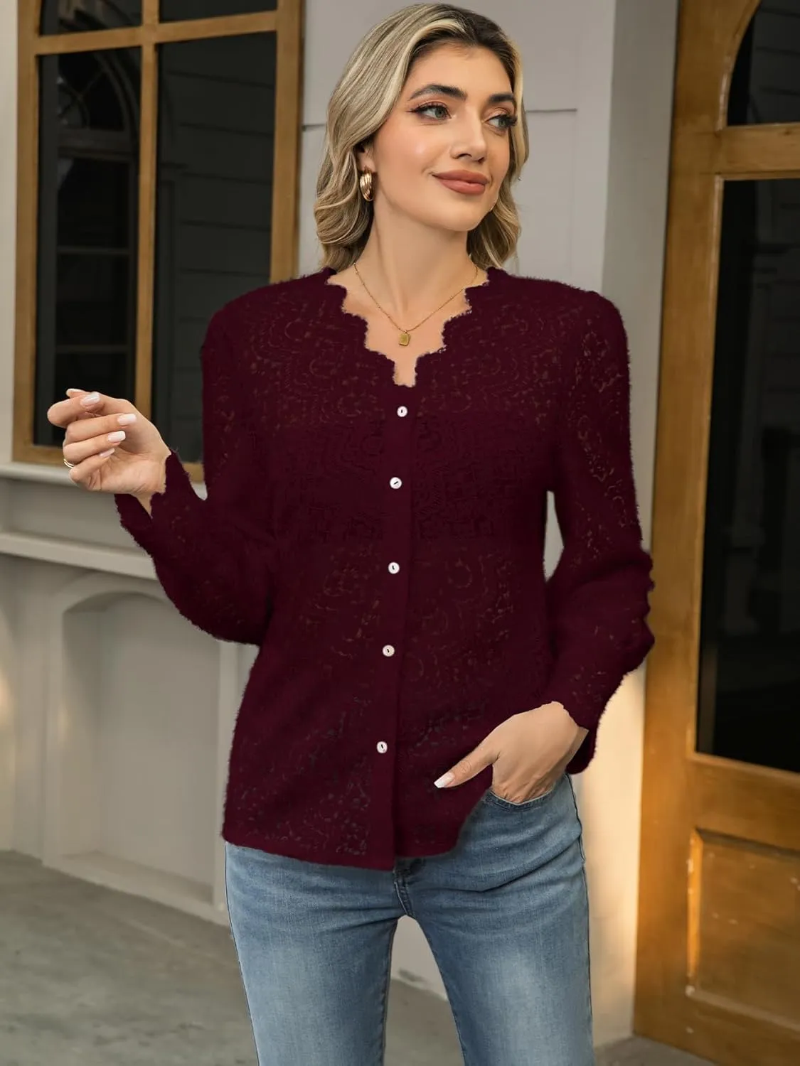 Lace Tops for Women Dressy Casual Blouses Puff Long Sleeve V Neck Button Down Business Work Shirts
