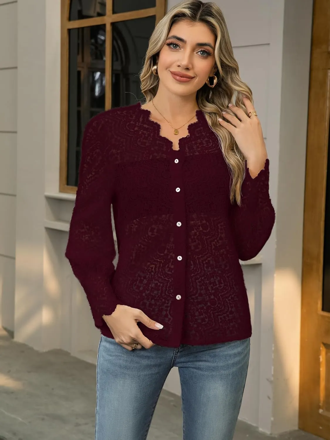 Lace Tops for Women Dressy Casual Blouses Puff Long Sleeve V Neck Button Down Business Work Shirts