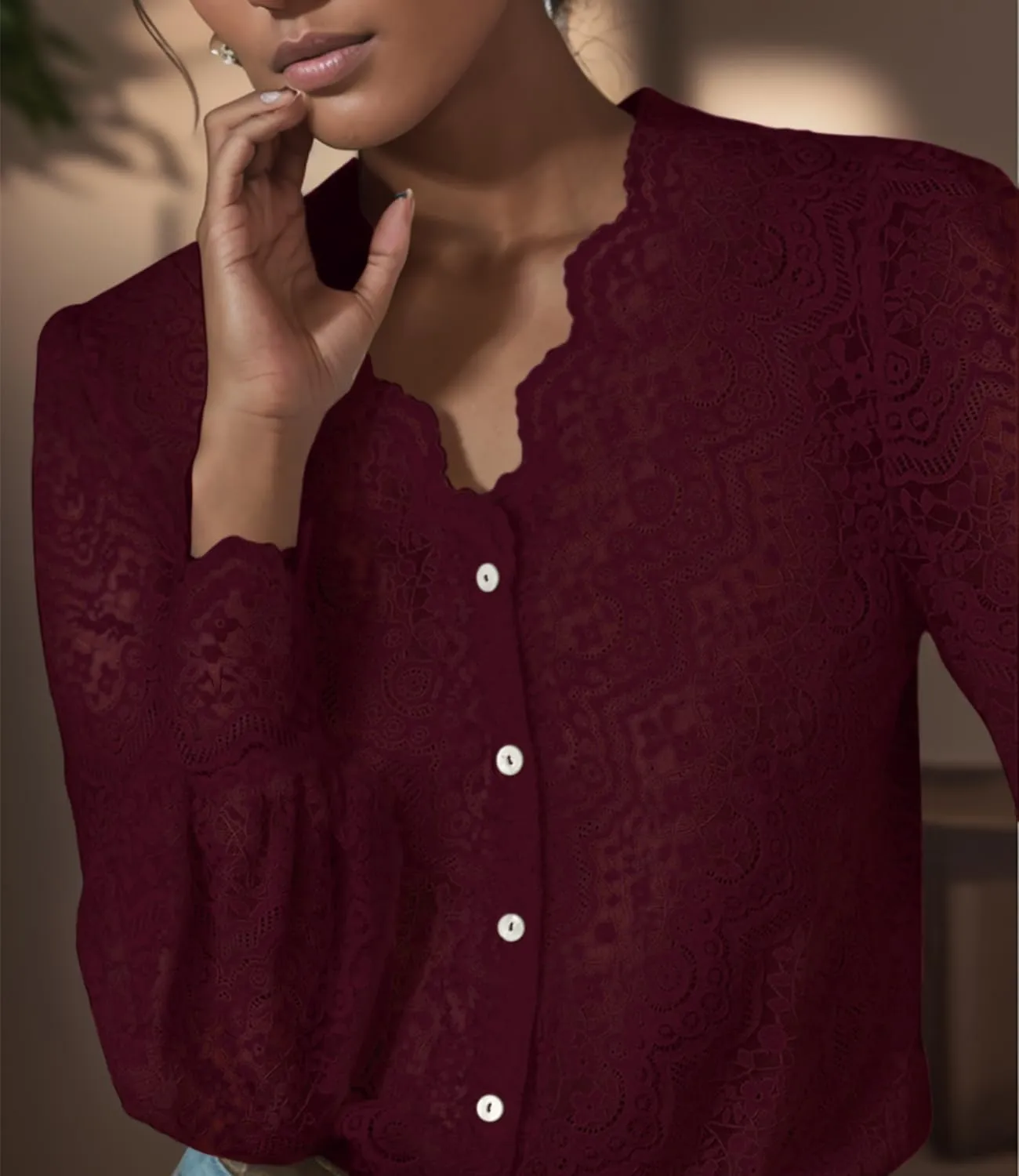 Lace Tops for Women Dressy Casual Blouses Puff Long Sleeve V Neck Button Down Business Work Shirts