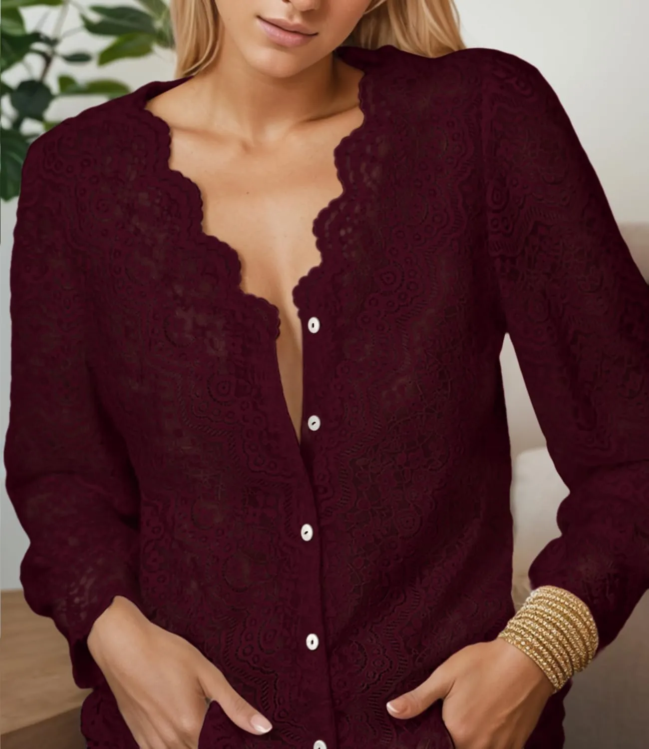Lace Tops for Women Dressy Casual Blouses Puff Long Sleeve V Neck Button Down Business Work Shirts