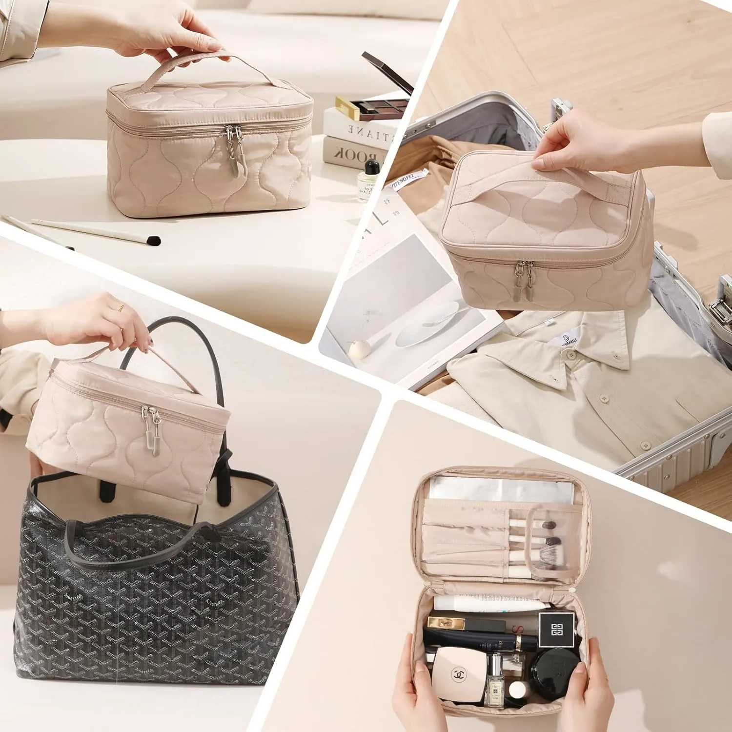 Large Capacity Makeup Bag with Brush Holder,Quilted Cosmetic Bag for Girls, Travel Organizer Bag for Accessories Beige