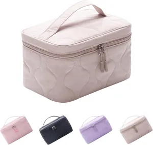 Large Capacity Makeup Bag with Brush Holder,Quilted Cosmetic Bag for Girls, Travel Organizer Bag for Accessories Beige
