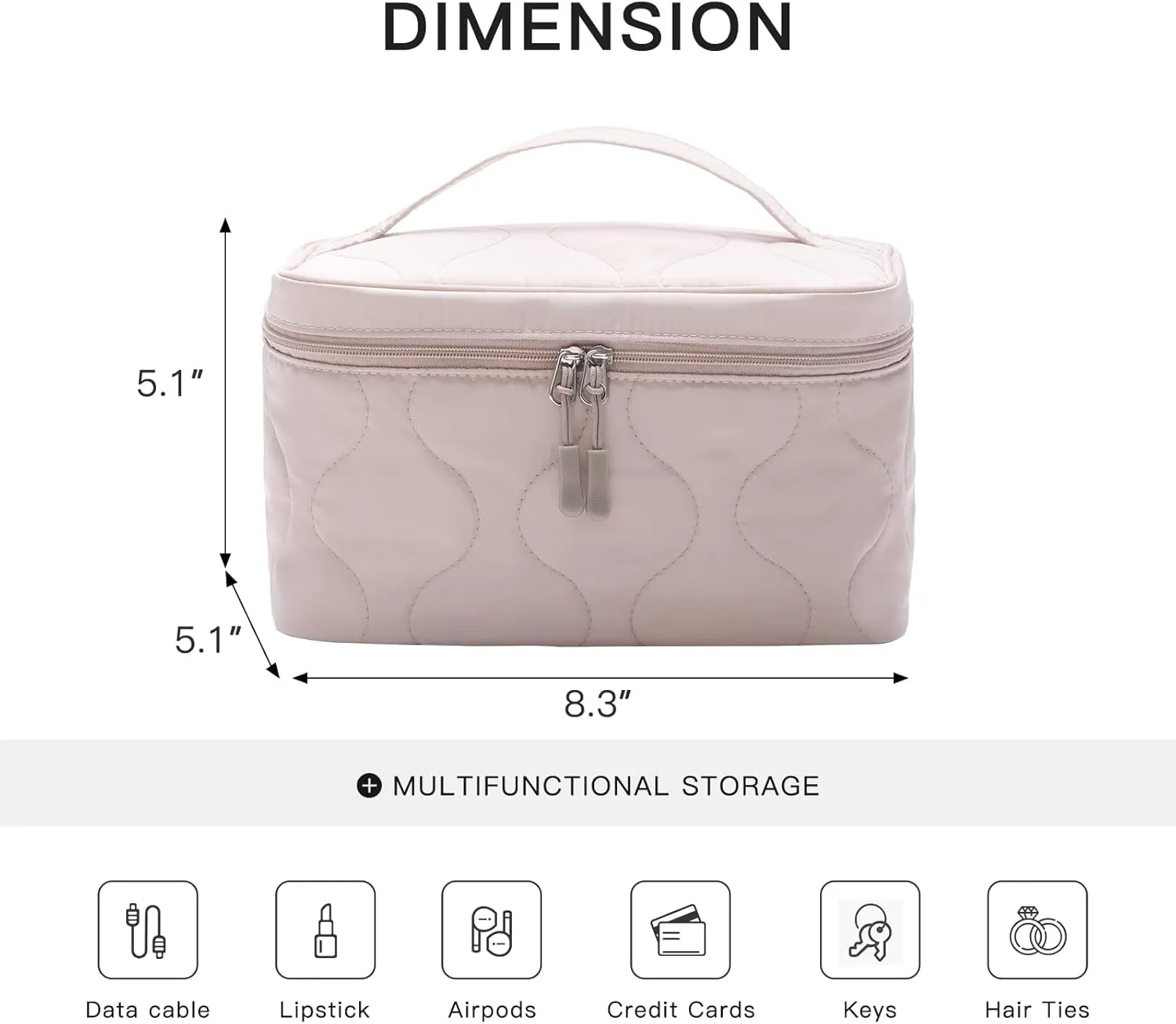 Large Capacity Makeup Bag with Brush Holder,Quilted Cosmetic Bag for Girls, Travel Organizer Bag for Accessories Beige