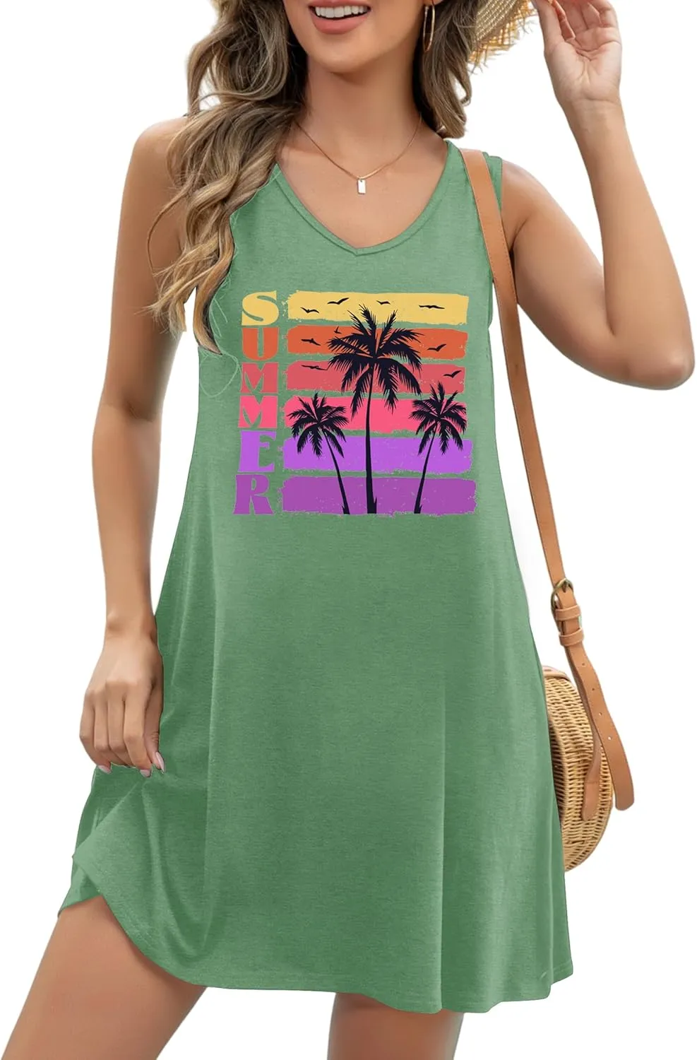 LAZYCHILD Summer Dresses for Women: Summer Sundress 2025 Boho Beach Dress Tree Shirts Tank Dress V Neck Casual Dresses