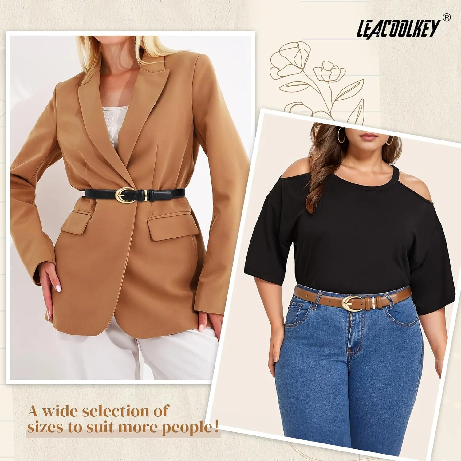 LEACOOLKEY 2 Pack Women Leather Belts for Jeans Dress Fashion Ladies Belt with Gold Silver Buckle
