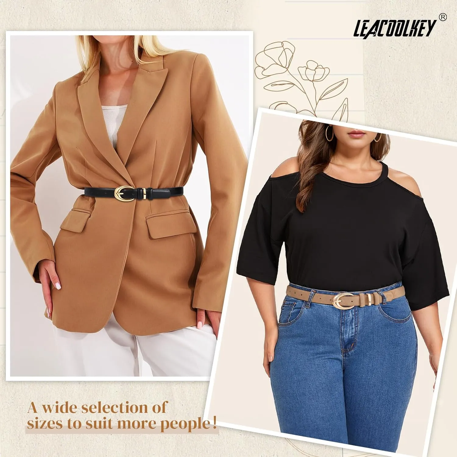 LEACOOLKEY 2 Pack Women Leather Belts for Jeans Dress Fashion Ladies Belt with Gold Silver Buckle
