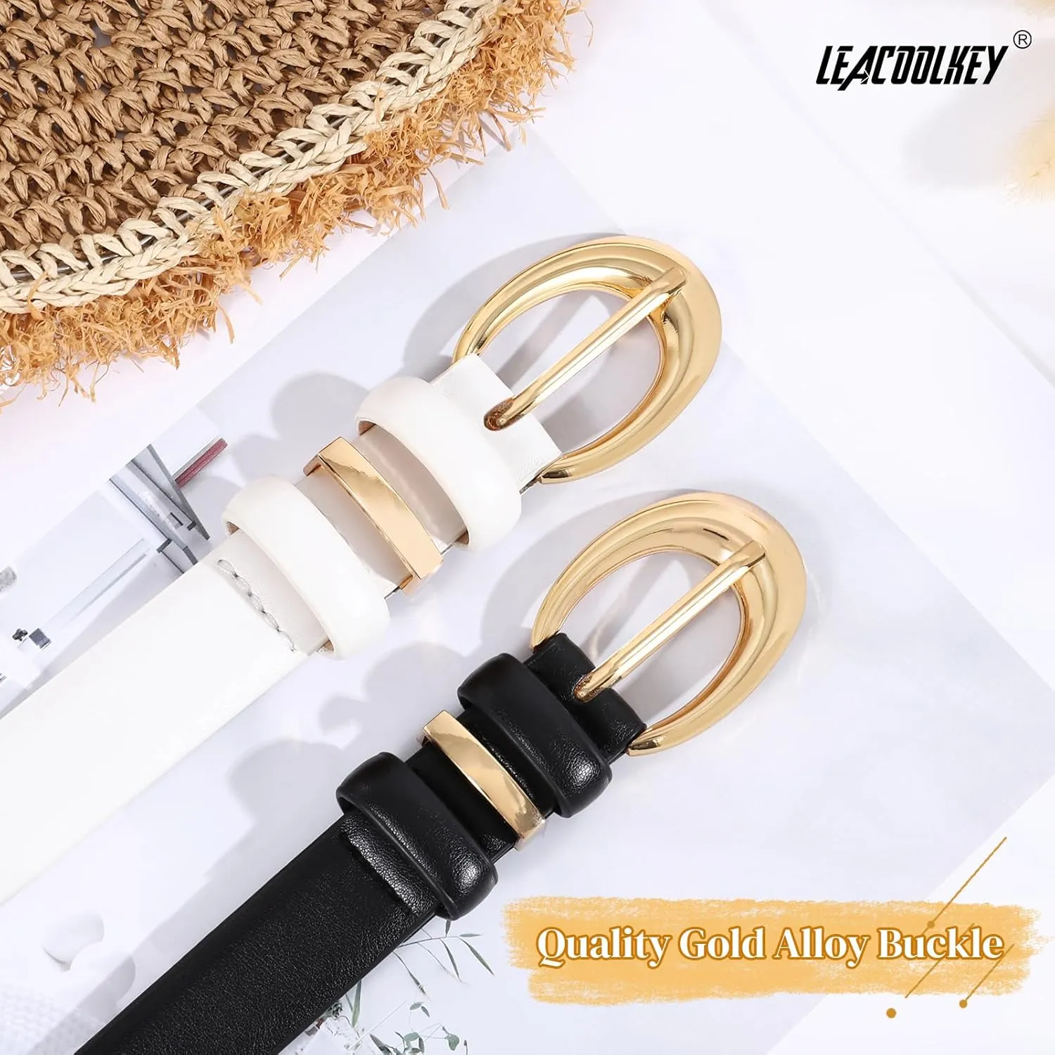 LEACOOLKEY 2 Pack Women Leather Belts for Jeans Dress Fashion Ladies Belt with Gold Silver Buckle