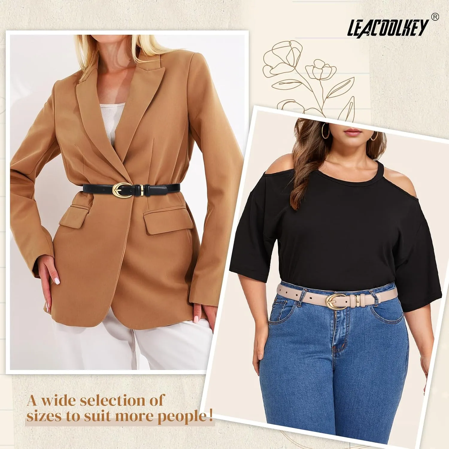 LEACOOLKEY 2 Pack Women Leather Belts for Jeans Dress Fashion Ladies Belt with Gold Silver Buckle
