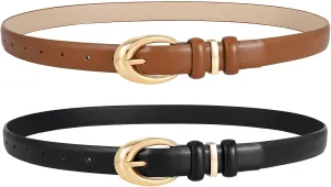 LEACOOLKEY 2 Pack Women Leather Belts for Jeans Dress Fashion Ladies Belt with Gold Silver Buckle