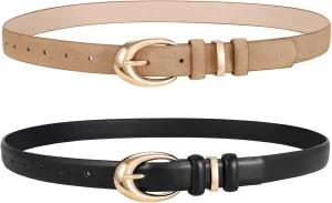 LEACOOLKEY 2 Pack Women Leather Belts for Jeans Dress Fashion Ladies Belt with Gold Silver Buckle