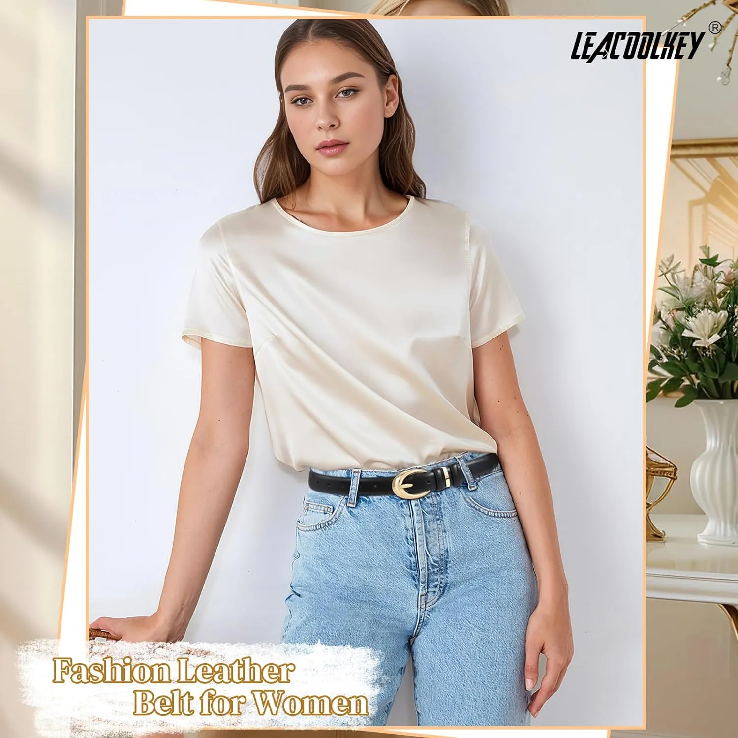 LEACOOLKEY 2 Pack Women Leather Belts for Jeans Dress Fashion Ladies Belt with Gold Silver Buckle