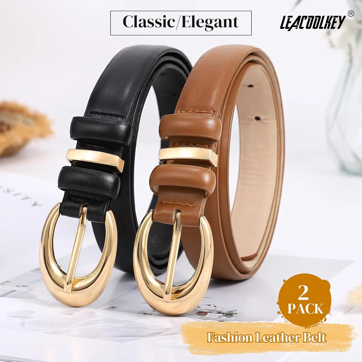 LEACOOLKEY 2 Pack Women Leather Belts for Jeans Dress Fashion Ladies Belt with Gold Silver Buckle
