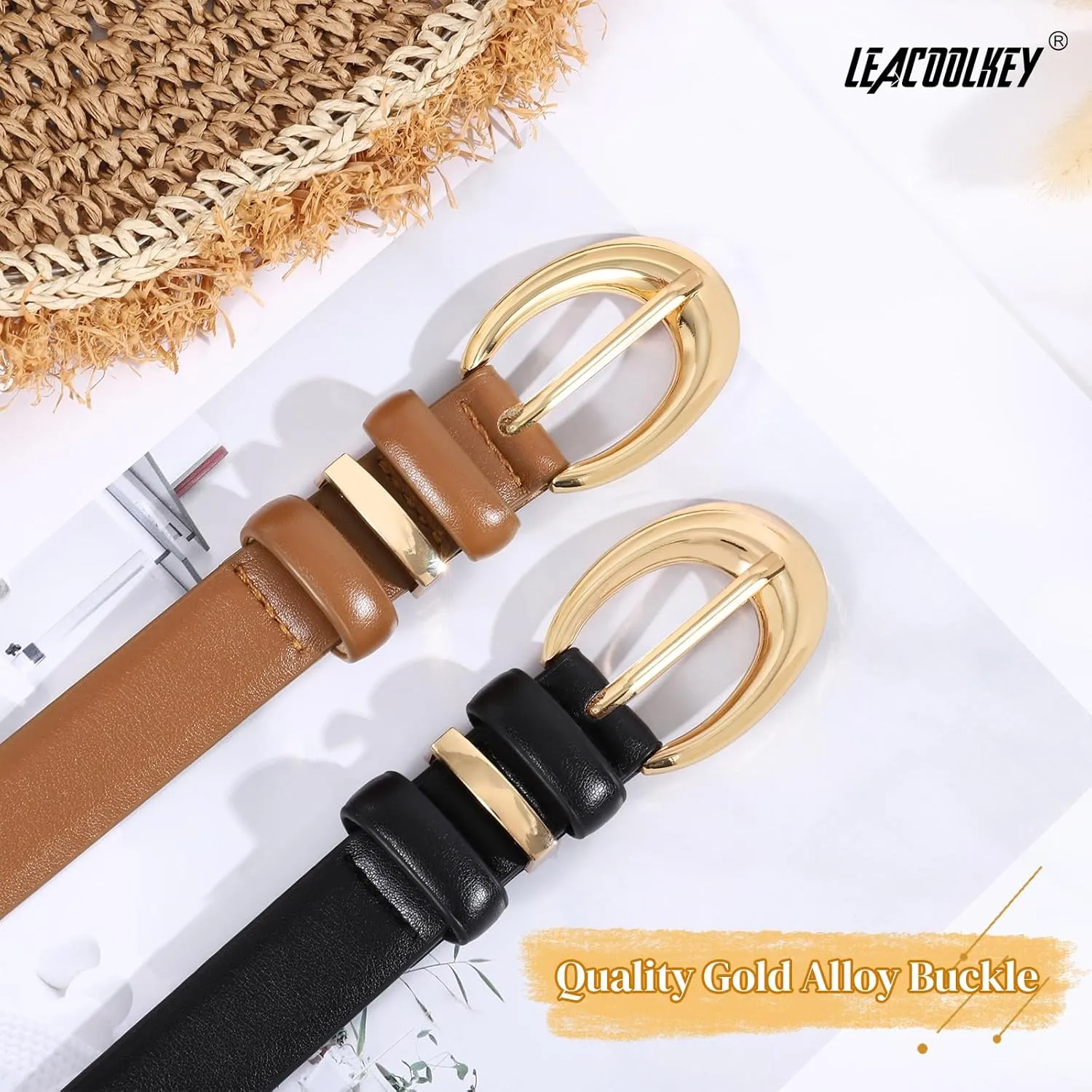 LEACOOLKEY 2 Pack Women Leather Belts for Jeans Dress Fashion Ladies Belt with Gold Silver Buckle