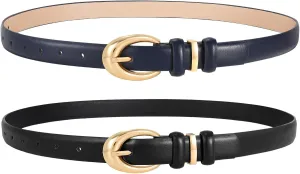 LEACOOLKEY 2 Pack Women Leather Belts for Jeans Dress Fashion Ladies Belt with Gold Silver Buckle