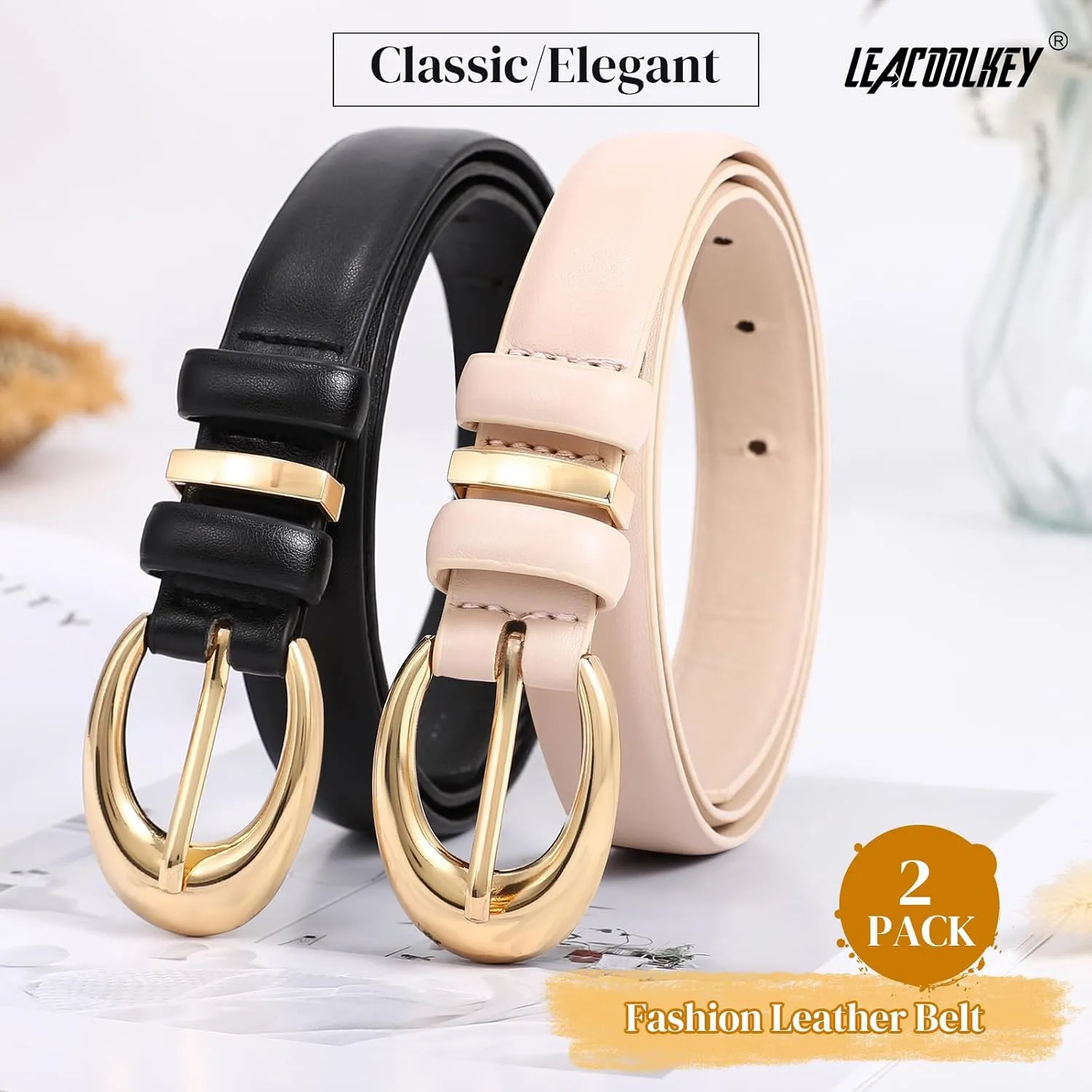 LEACOOLKEY 2 Pack Women Leather Belts for Jeans Dress Fashion Ladies Belt with Gold Silver Buckle