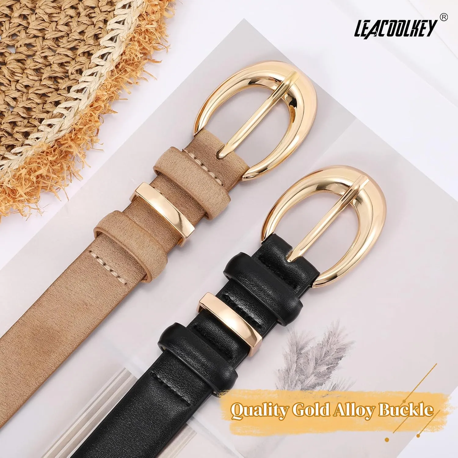 LEACOOLKEY 2 Pack Women Leather Belts for Jeans Dress Fashion Ladies Belt with Gold Silver Buckle