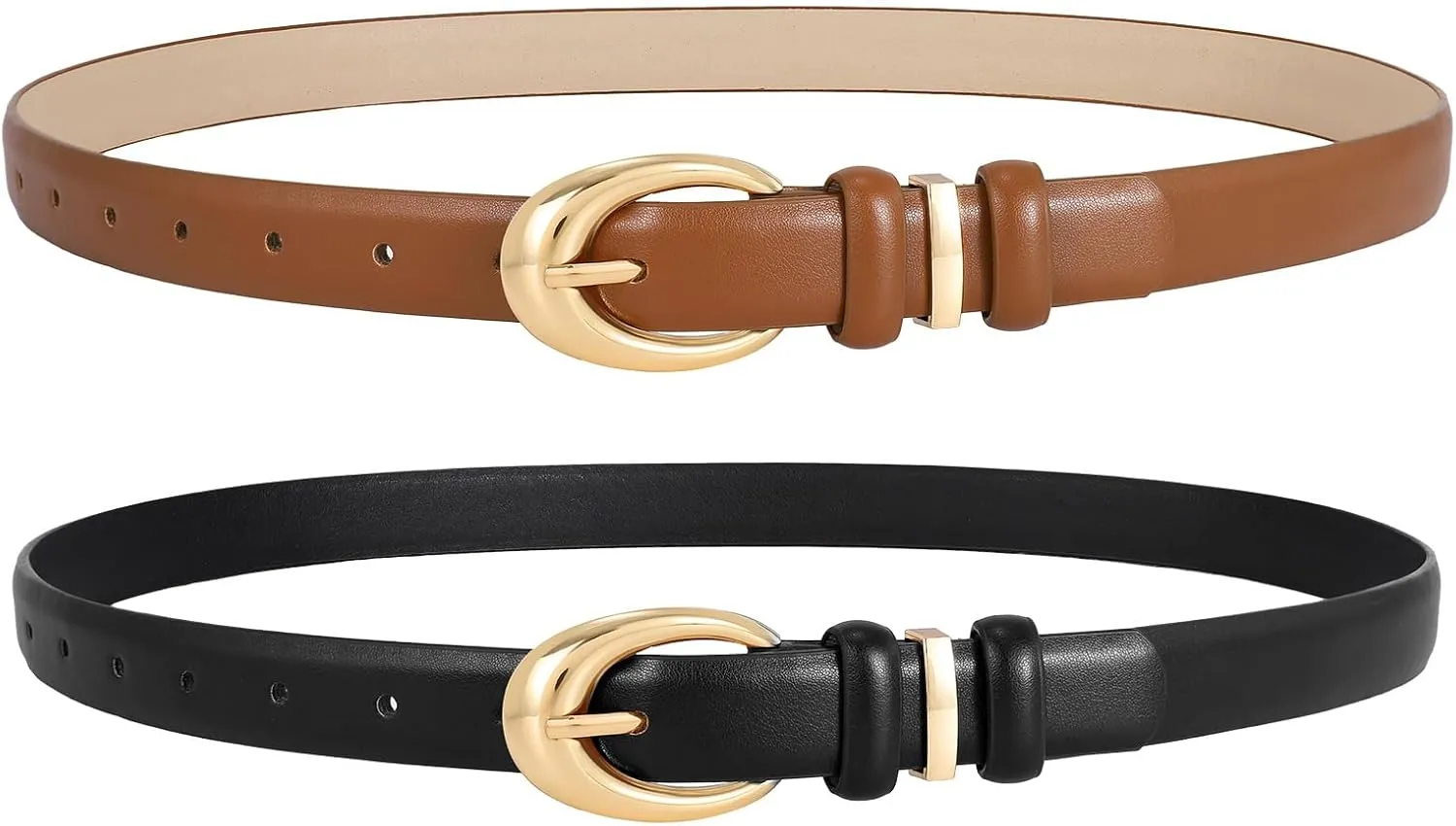 LEACOOLKEY 2 Pack Women Leather Belts for Jeans Dress Fashion Ladies Belt with Gold Silver Buckle