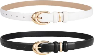 LEACOOLKEY 2 Pack Women Leather Belts for Jeans Dress Fashion Ladies Belt with Gold Silver Buckle