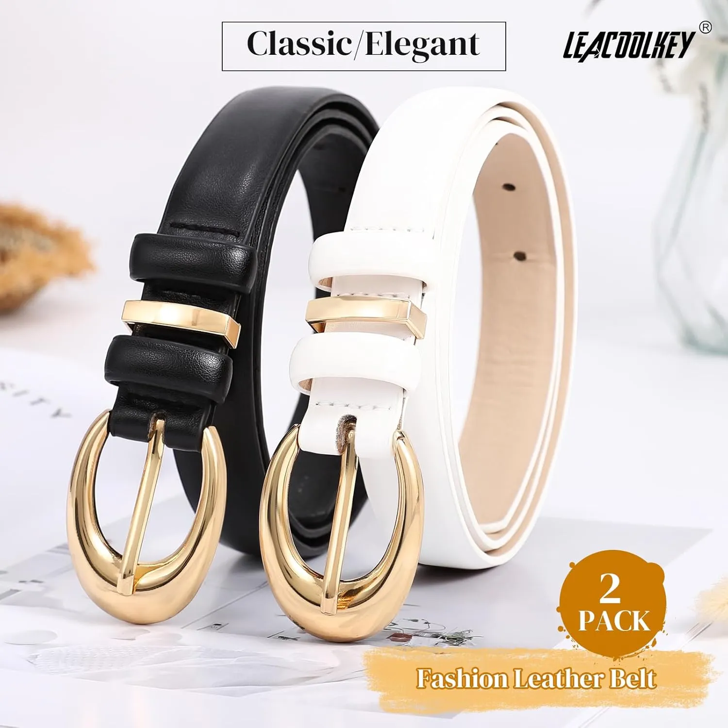 LEACOOLKEY 2 Pack Women Leather Belts for Jeans Dress Fashion Ladies Belt with Gold Silver Buckle