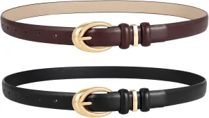 LEACOOLKEY 2 Pack Women Leather Belts for Jeans Dress Fashion Ladies Belt with Gold Silver Buckle