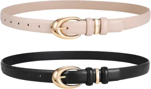 LEACOOLKEY 2 Pack Women Leather Belts for Jeans Dress Fashion Ladies Belt with Gold Silver Buckle
