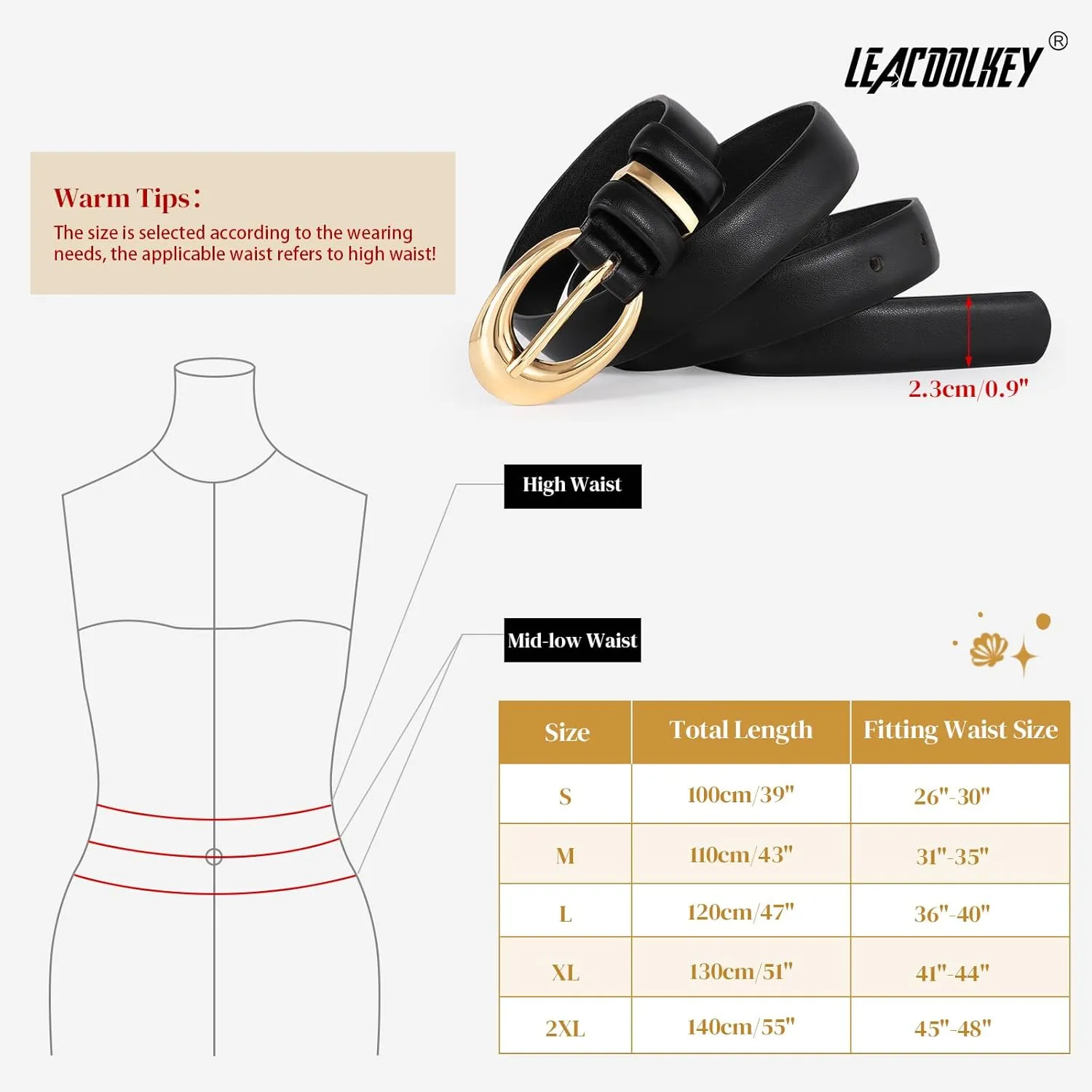 LEACOOLKEY 2 Pack Women Leather Belts for Jeans Dress Fashion Ladies Belt with Gold Silver Buckle