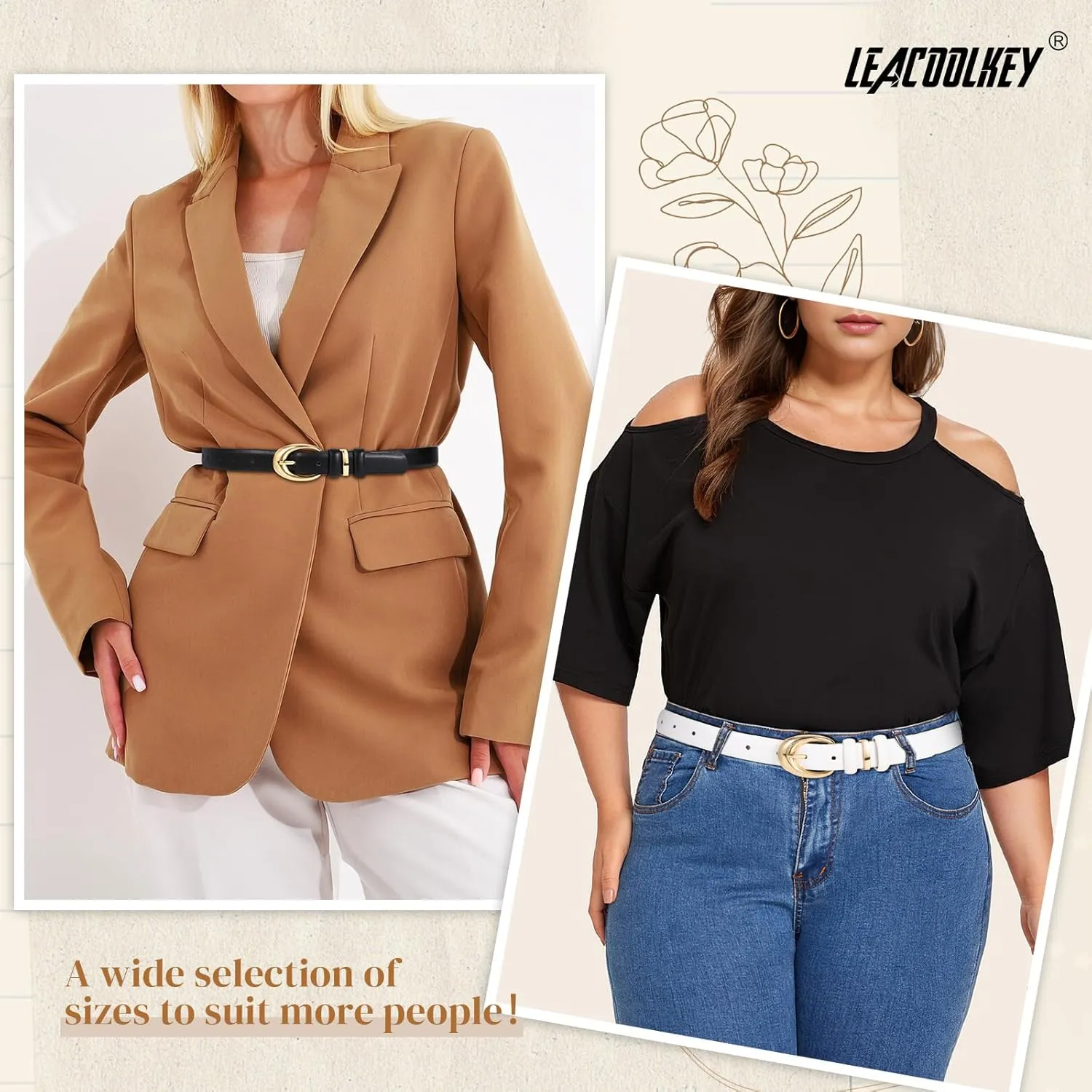 LEACOOLKEY 2 Pack Women Leather Belts for Jeans Dress Fashion Ladies Belt with Gold Silver Buckle