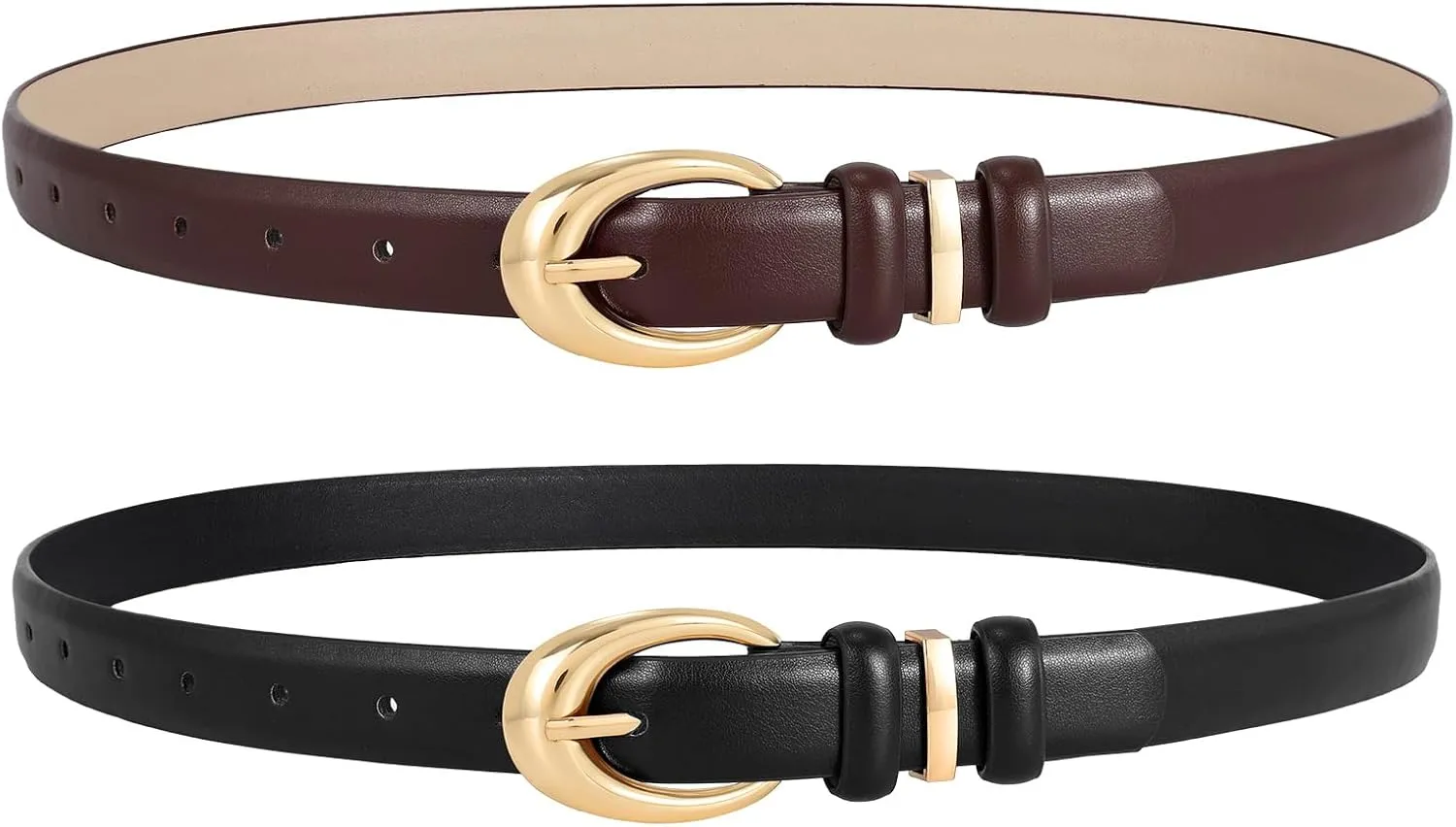 LEACOOLKEY 2 Pack Women Leather Belts for Jeans Dress Fashion Ladies Belt with Gold Silver Buckle