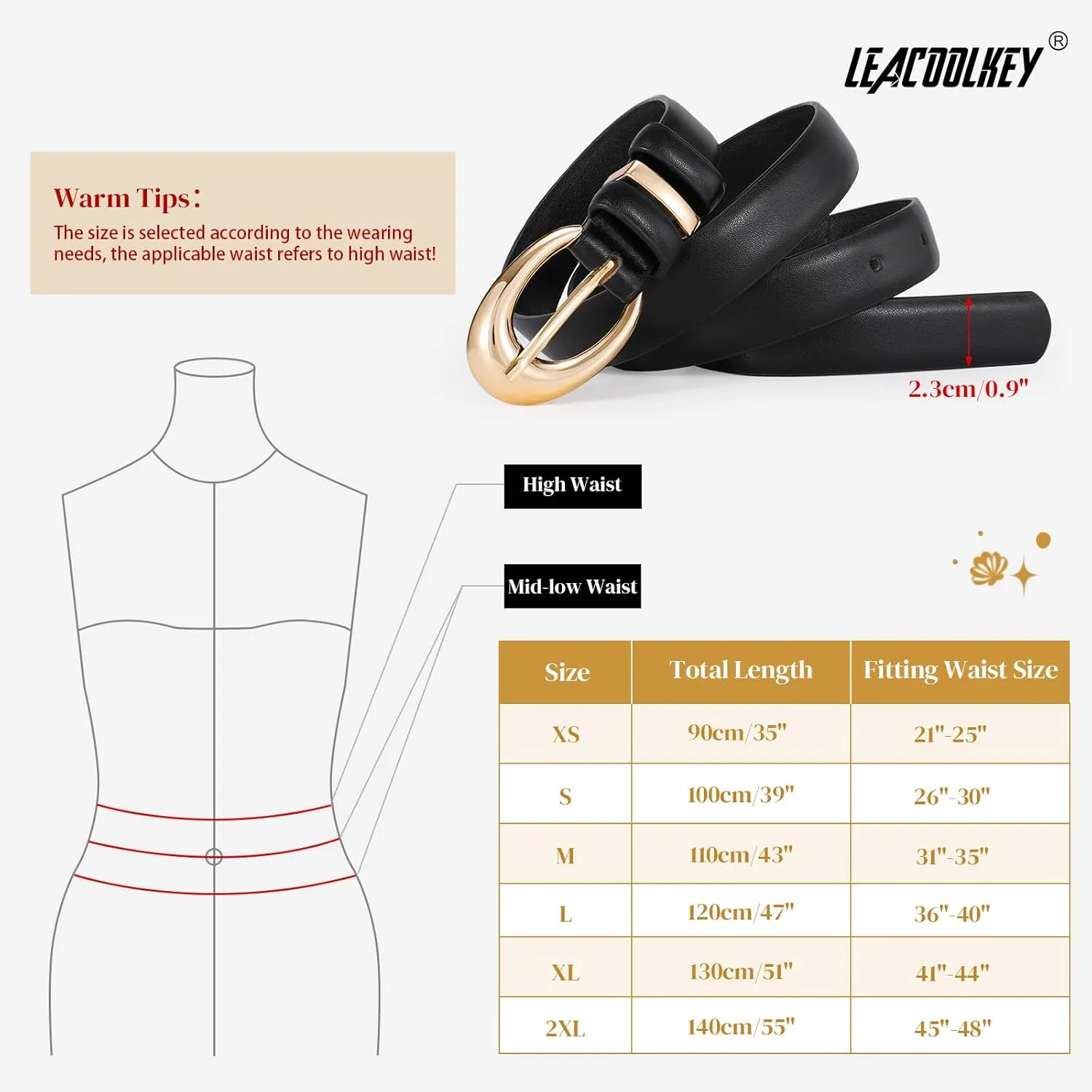 LEACOOLKEY 2 Pack Women Leather Belts for Jeans Dress Fashion Ladies Belt with Gold Silver Buckle