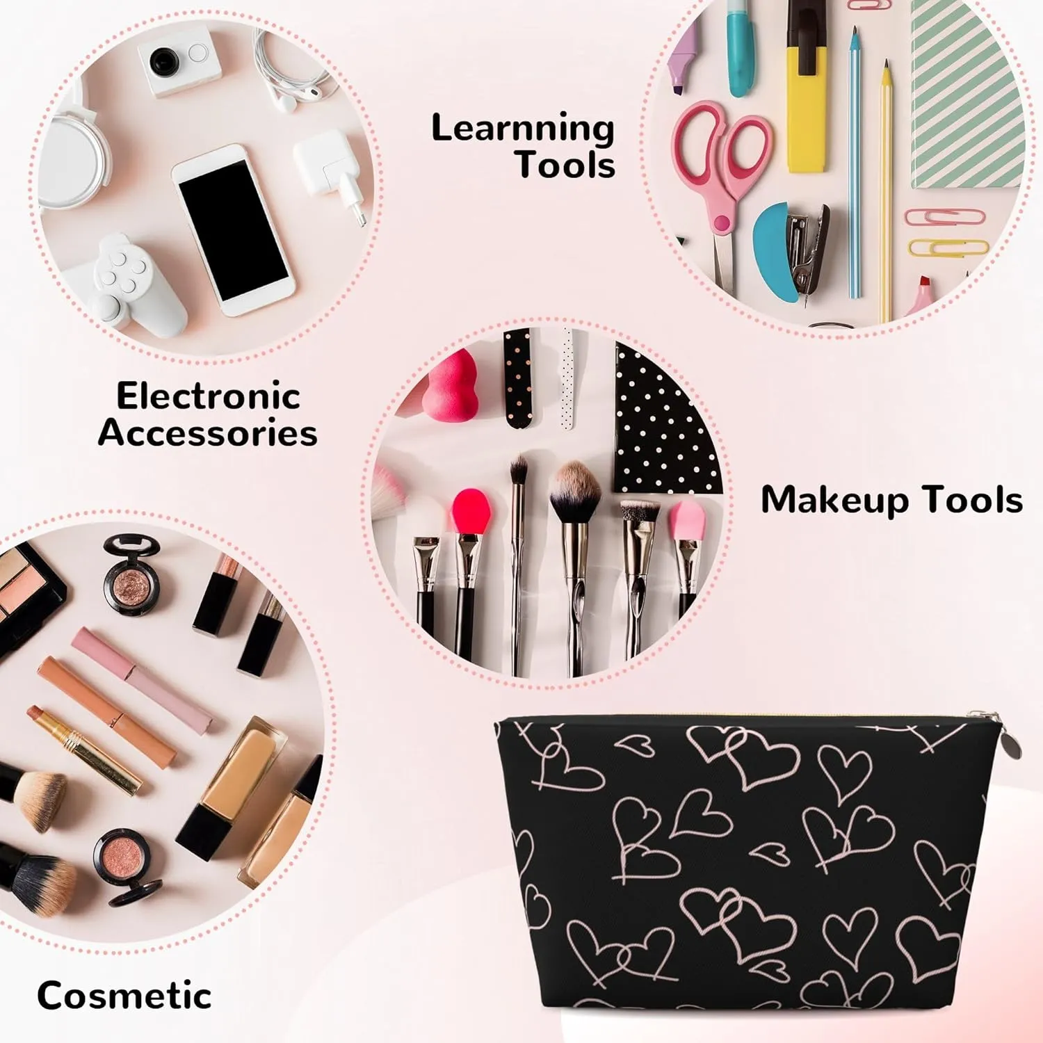 Leather Makeup Bag Travel Cosmetic Bag Small Makeup Bag for Women,Toiletry Bag Accessories Organizer-Black Love Heart