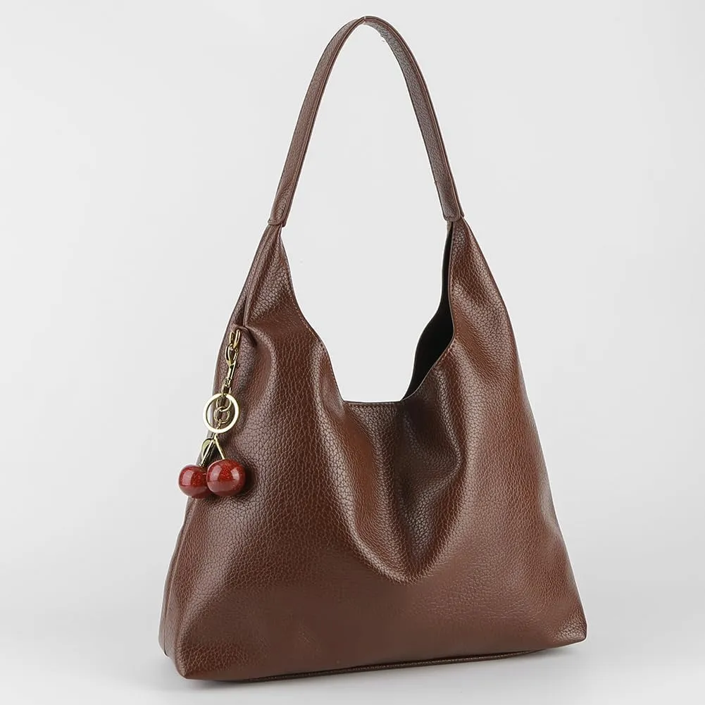 Leather Shoulder Bag for Women,Slouchy Trendy Hobo Bag with Cherry Accessories Designer Handbags Purses with Coin Bag