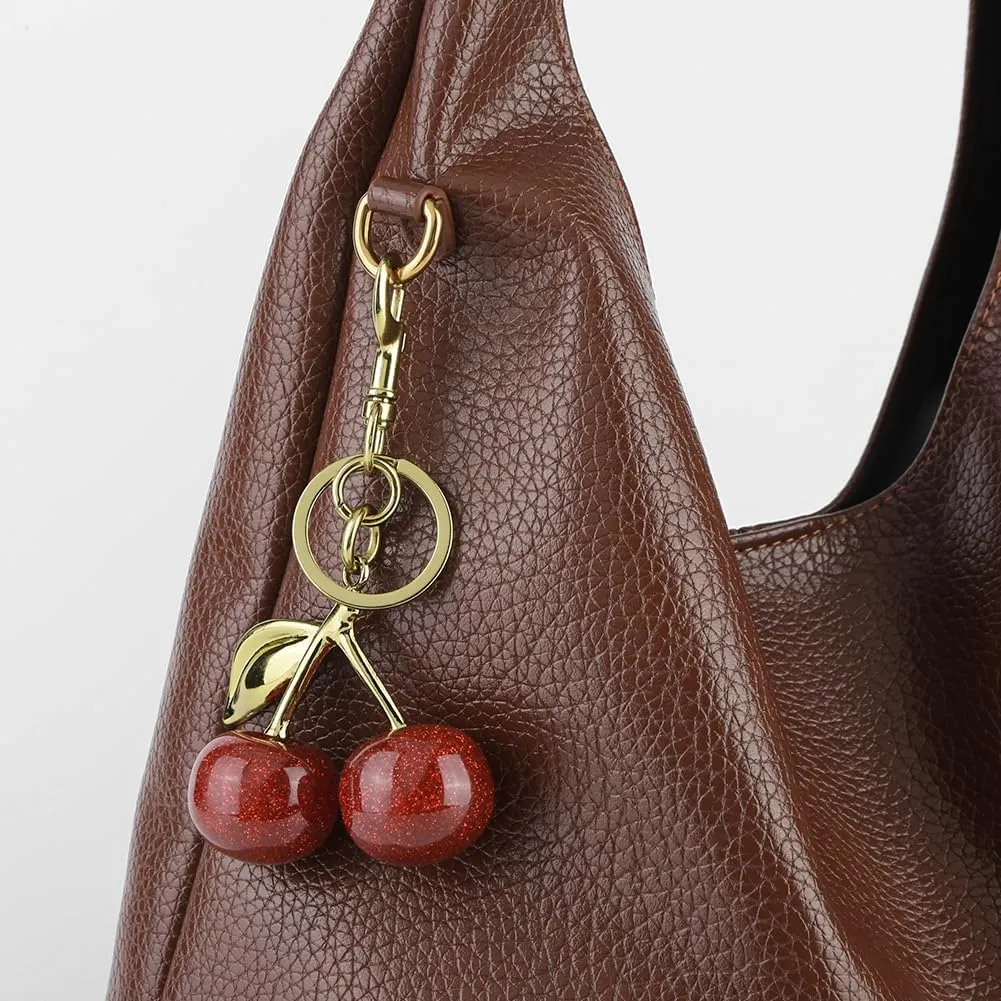 Leather Shoulder Bag for Women,Slouchy Trendy Hobo Bag with Cherry Accessories Designer Handbags Purses with Coin Bag