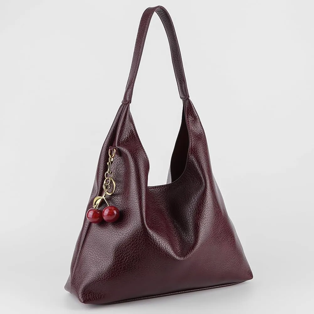 Leather Shoulder Bag for Women,Slouchy Trendy Hobo Bag with Cherry Accessories Designer Handbags Purses with Coin Bag