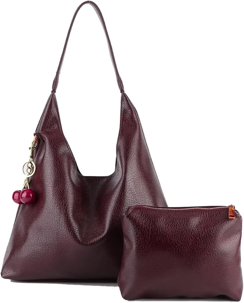 Leather Shoulder Bag for Women,Slouchy Trendy Hobo Bag with Cherry Accessories Designer Handbags Purses with Coin Bag