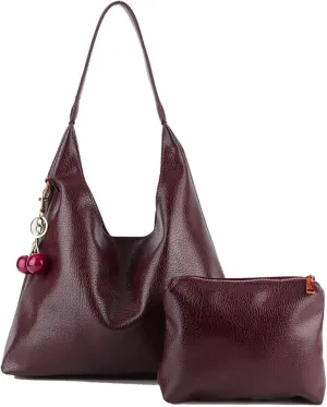 Leather Shoulder Bag for Women,Slouchy Trendy Hobo Bag with Cherry Accessories Designer Handbags Purses with Coin Bag