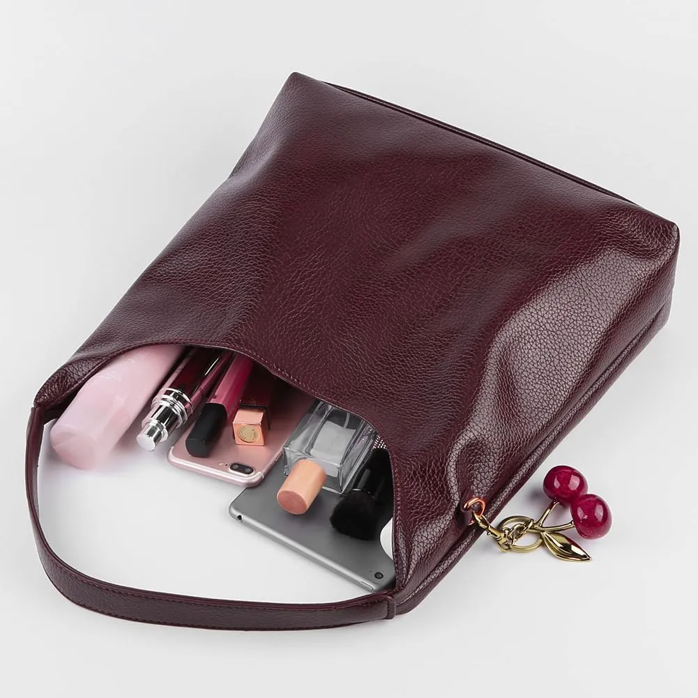Leather Shoulder Bag for Women,Slouchy Trendy Hobo Bag with Cherry Accessories Designer Handbags Purses with Coin Bag