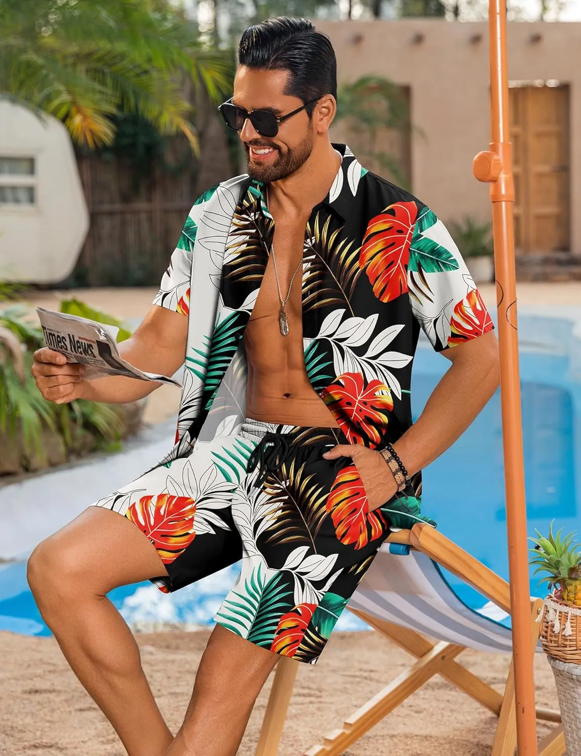 LecGee Men's Hawaiian Shirt Set Summer Hawaii 2 Piece Beach Tropical Button up Top & Shorts Floral Short Sleeve Twin Set