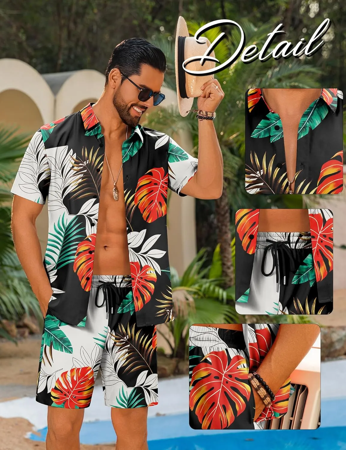 LecGee Men's Hawaiian Shirt Set Summer Hawaii 2 Piece Beach Tropical Button up Top & Shorts Floral Short Sleeve Twin Set